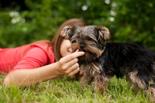 Woman feeding puppy