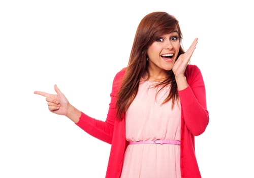 Surprised woman pointing for something