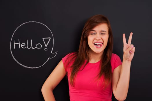 Beautiful and funny woman say "Hello"""