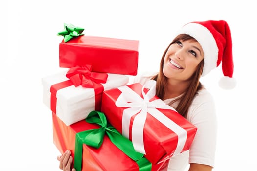 Happy woman with stack christmas gifts