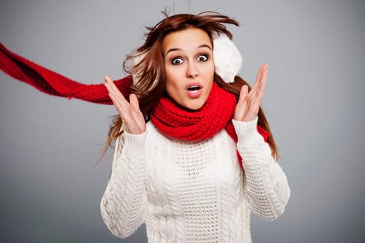 Shocked woman during the big storm