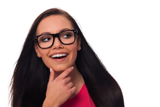 Curious woman peeking at copy space