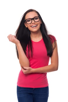 Portrait of smiling brunette woman wearing glasses