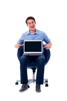 Surprised man pointing on laptop
