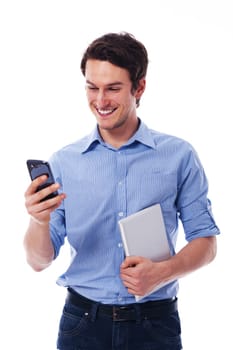 Smiling man using wireless devices