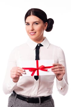 Smiling woman giving a business card