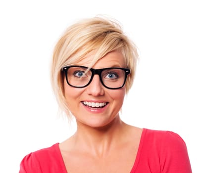 Portrait of happy woman with short blond hair