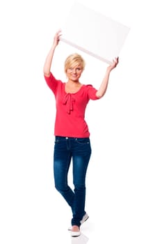 Woman with white board above her head