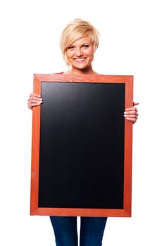 Blonde young female with blackboard