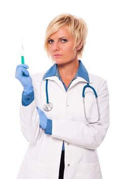 Serious female doctor is ready for an injection