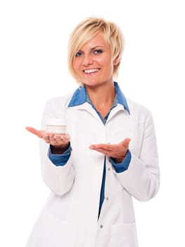 Young blonde dermatologist recommended cream for face