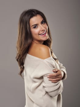 Beauty and natural woman wearing oversized sweater