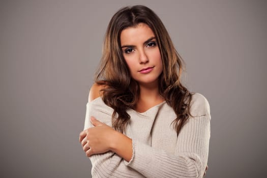 Portrait of beauty woman wearing warm cardigan