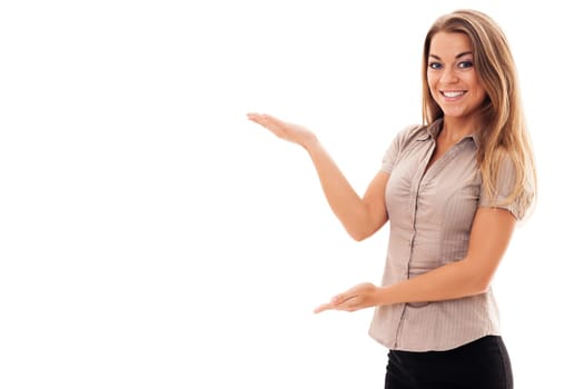 Successful businesswoman gesturing on white