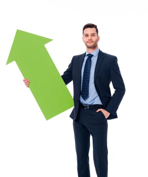 Focus young male holding green sign of arrow