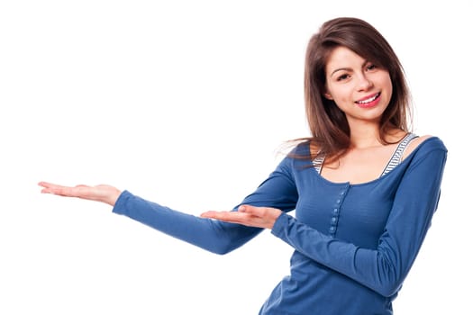Smiling woman presenting something