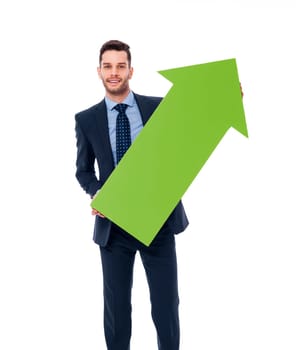 Happy businessman with a green arrow
