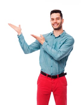 Happy male gesturing something on copy space