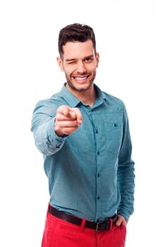 Winking man showing on the camera