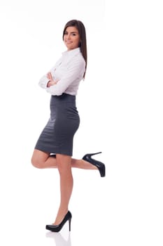 Smiling businesswoman leaning on something