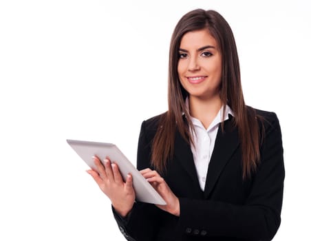 Happy businesswoman using digital tablet
