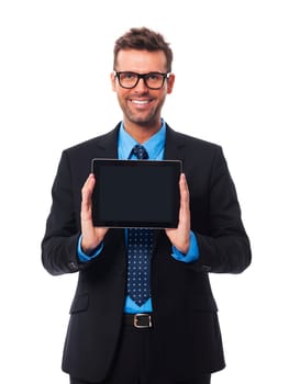 Businessman presenting something on digital tablet
