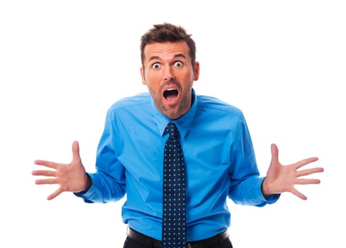 Angry businessman screaming into camera side
