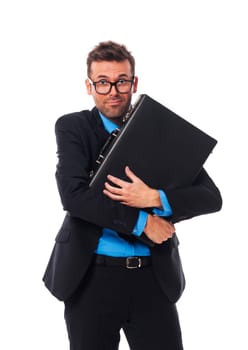 Frightened man firmly clutching his briefcase
