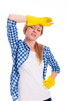 Tired woman wearing a protective glove