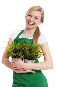 Happy gardener female with her plants