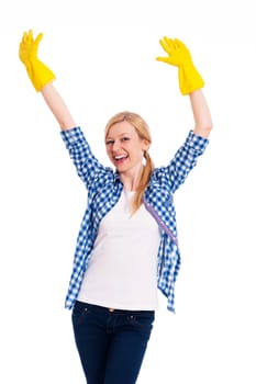 Successful female cleaner with hand raised