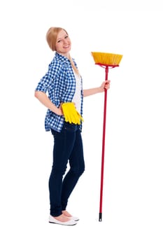 Portrait of beautiful female cleaner with broom