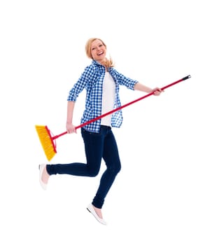 Crazy female cleaner flying with broomstick