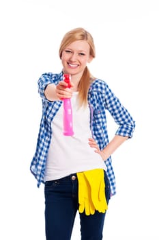 Smiling woman spraying the cleaner on you