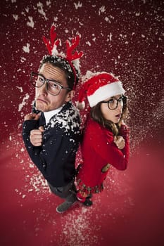 Freezing nerd couple during the snowing