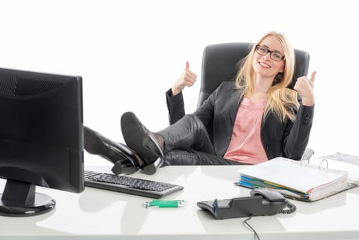 Woman at the desk shows thumbs up