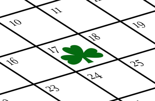 Calendar with St. Patrick's day marked on it with a cloverleaf