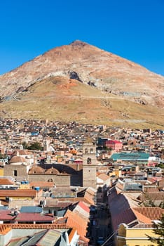 View of Cerro Rico, the mountain that towers over Potosi, Bolivia with San Francisco church visible