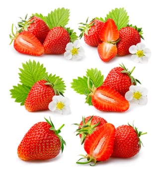 Set of strawberries with leaves and blossom isolated on a white