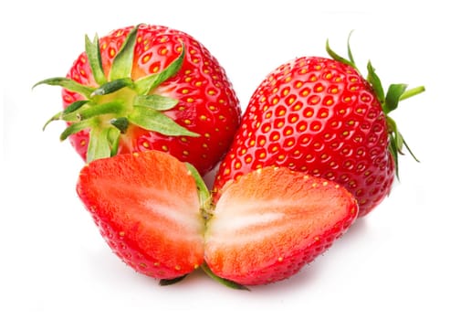 Strawberries with leaves and slices isolated on a white background