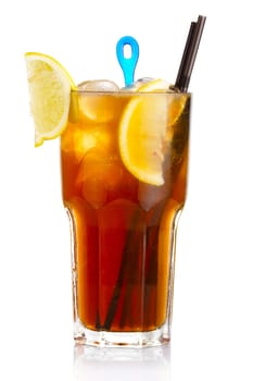 Alcohol cocktail with lemon fruits slices isolated on white background