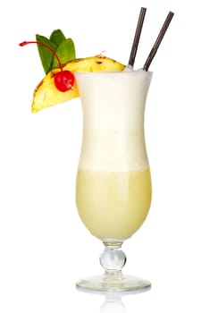 Alcohol cocktail with milk and fruits slices isolated on white background