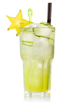 Green alcohol cocktail with carabola fruit isolated on white background