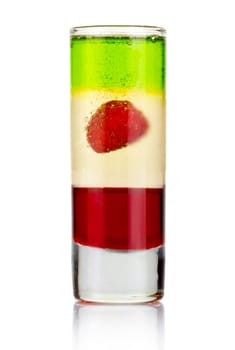 Shot sliced alcohol cocktail with raspberry isolated on white background