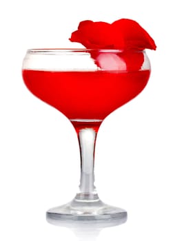 Red alcohol cocktail with rose petals isolated on white background