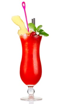 Red alcohol cocktail with raspberries, ginger and fresh mint isolated on white