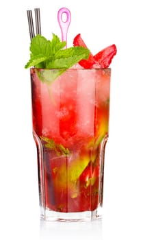 Mojito cocktail with lime fruits and mint isolated on white background