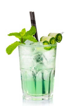 Green alcohol cocktail with fresh mint and cucumber isolated on white background