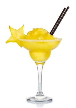 Yellow alcohol cocktail with fruit ice crush and carambola slices isolated on white