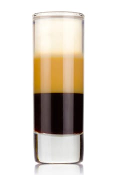 Shot three layers alcohol cocktail isolated on white background